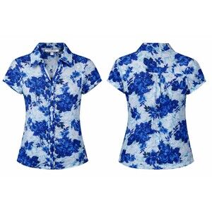 New Croft & Barrow Blue Floral Button Front Shirt Small Cotton Ruffle Placket